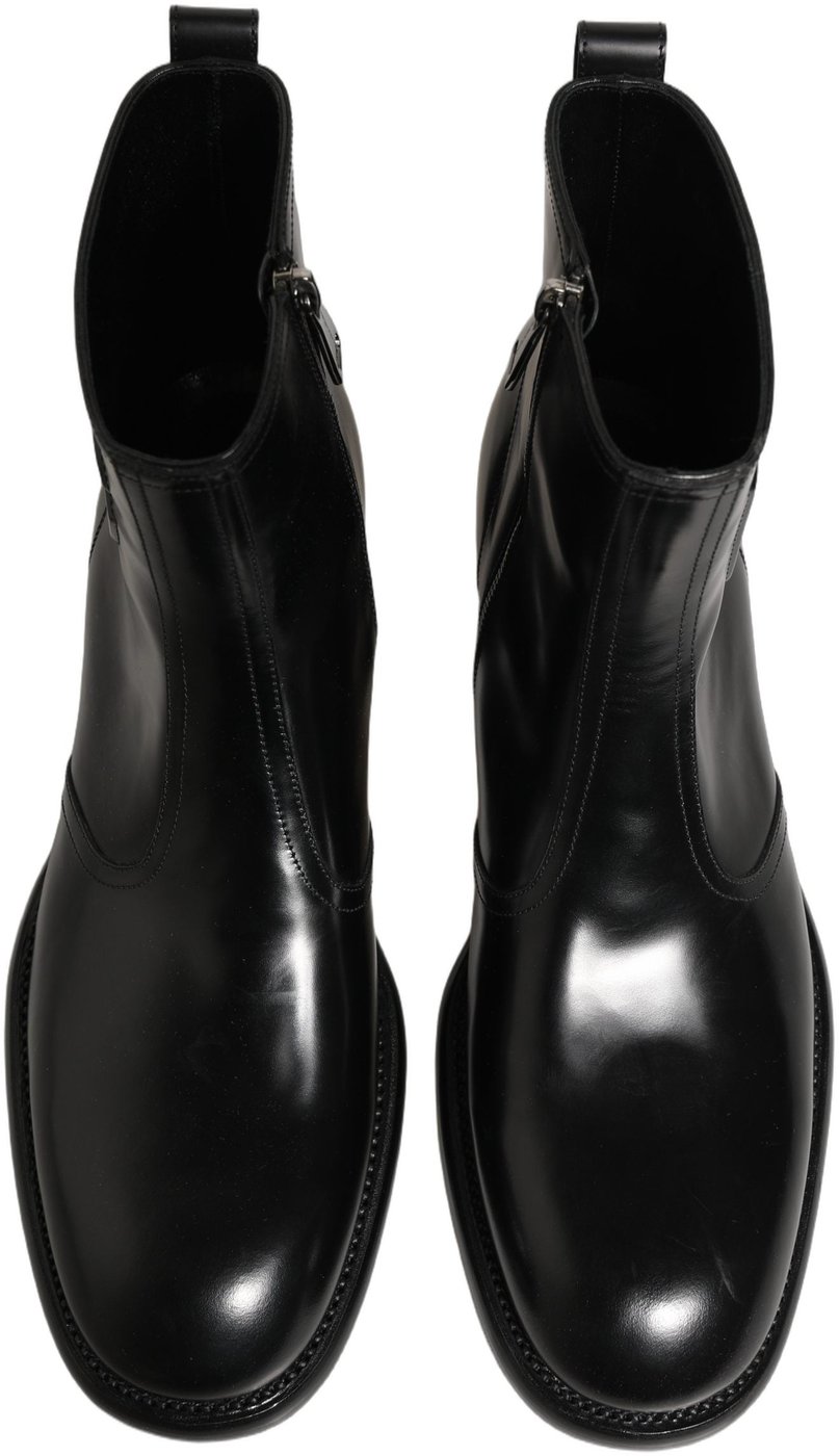 Dolce & Gabbana Black Leather Embossed Logo Ankle Boots Shoes