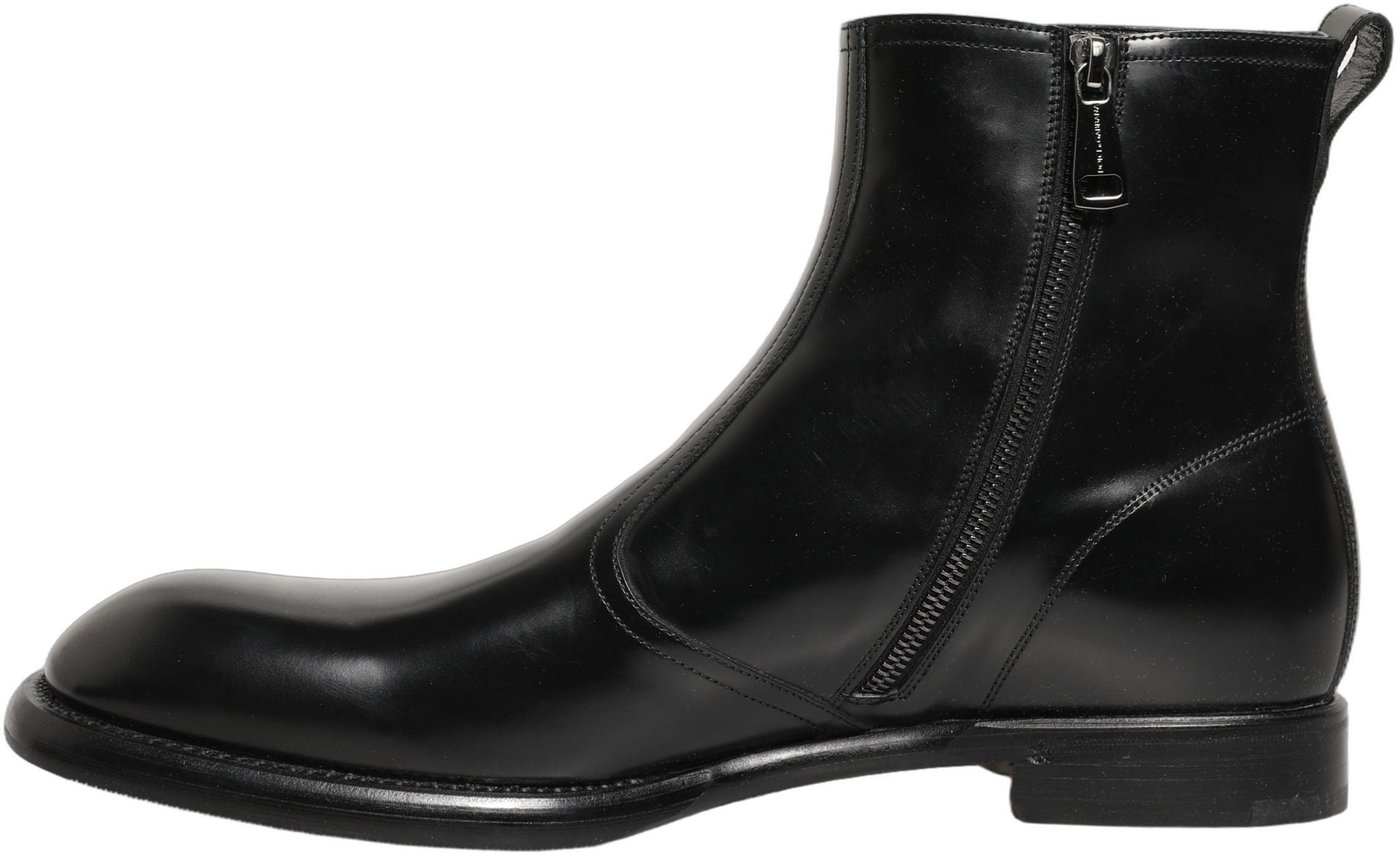 Dolce & Gabbana Black Leather Embossed Logo Ankle Boots Shoes