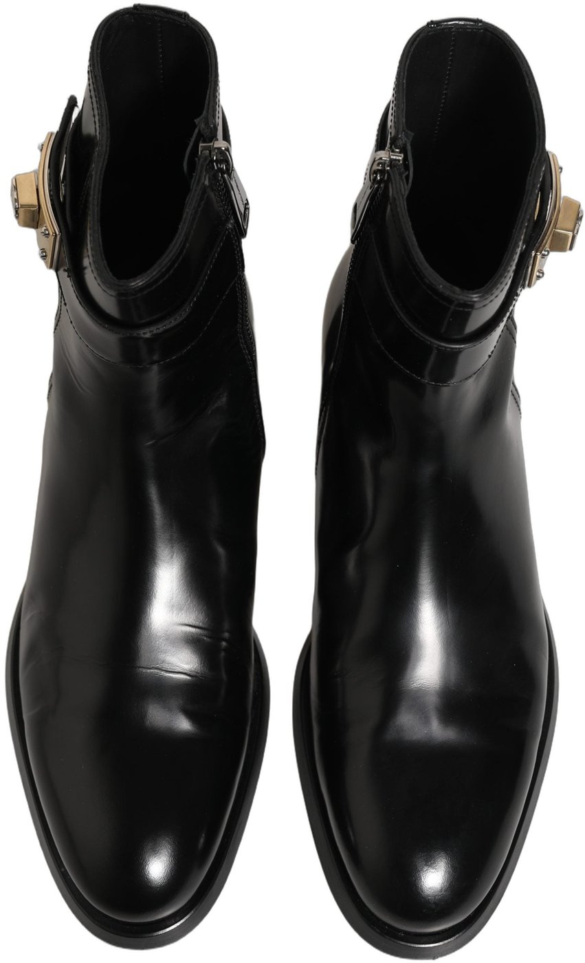 Dolce & Gabbana Black Leather Logo Buckle Mid Calf Boots Shoes