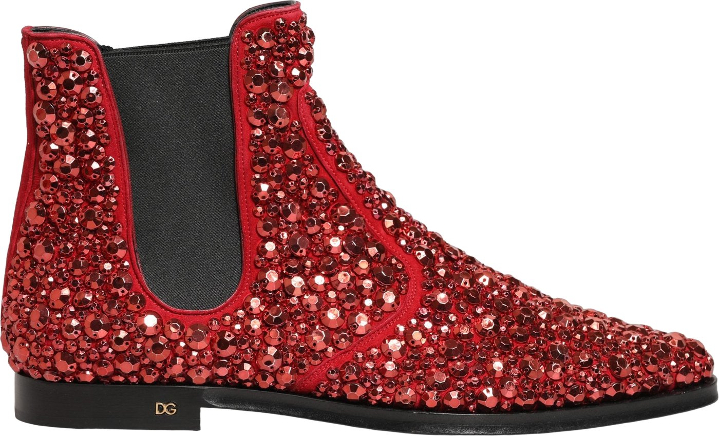 Dolce & Gabbana Red Embellished Chelsea Ankle Boots Shoes