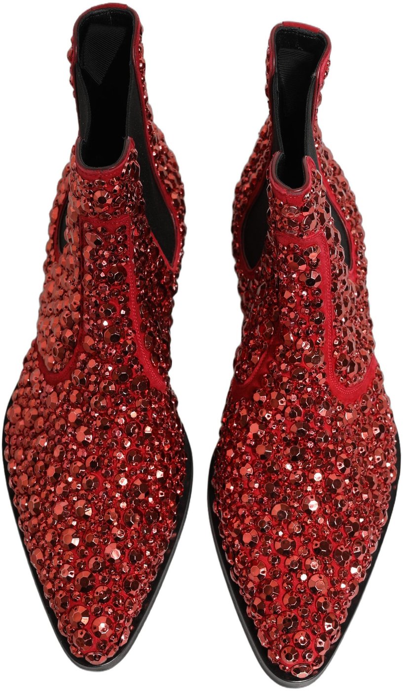 Dolce & Gabbana Red Embellished Chelsea Ankle Boots Shoes