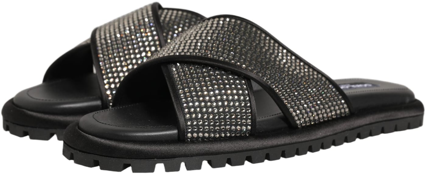 Dolce & Gabbana Black Strass Criss Cross Slide Sandals Shoes