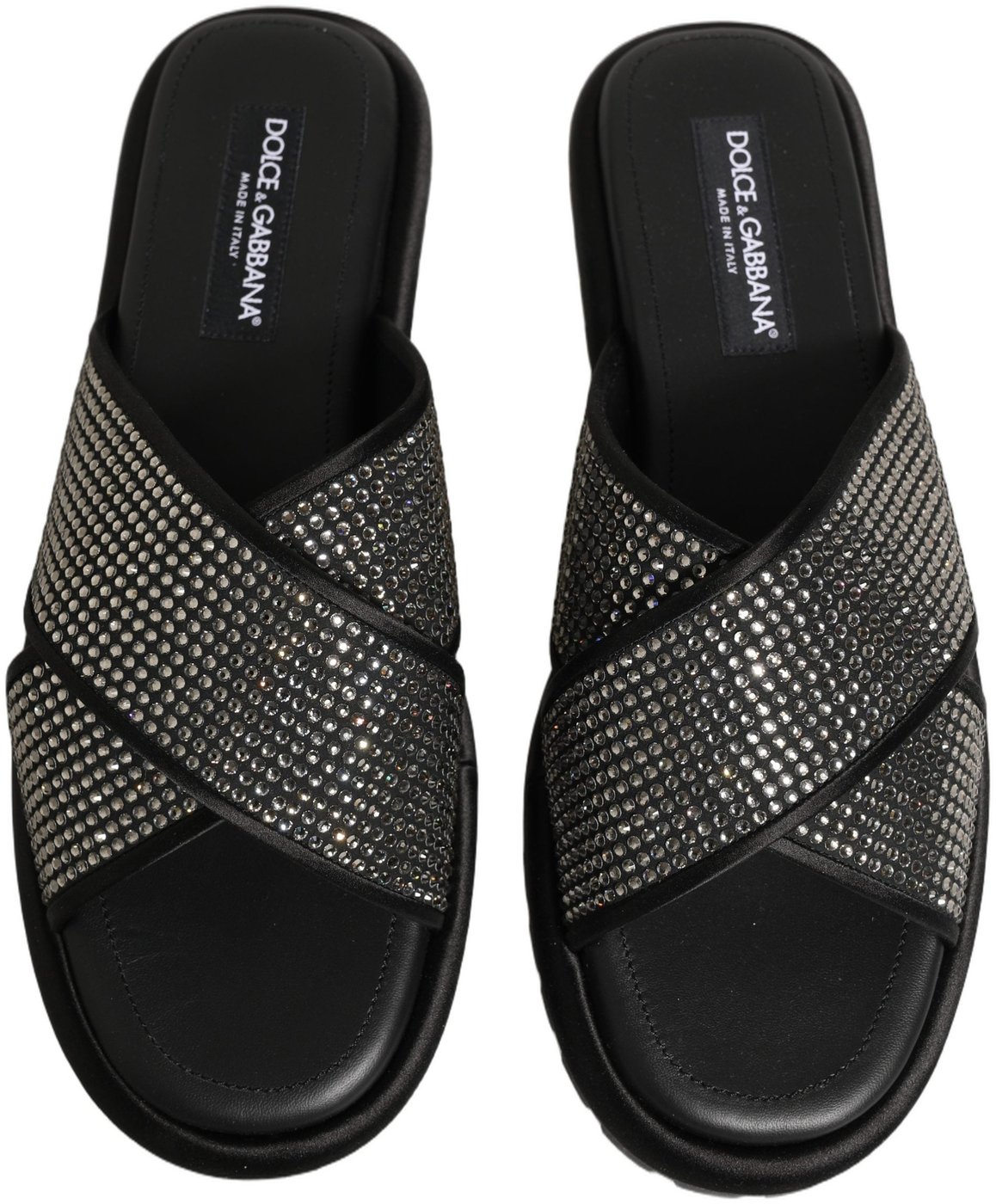 Dolce & Gabbana Black Strass Criss Cross Slide Sandals Shoes