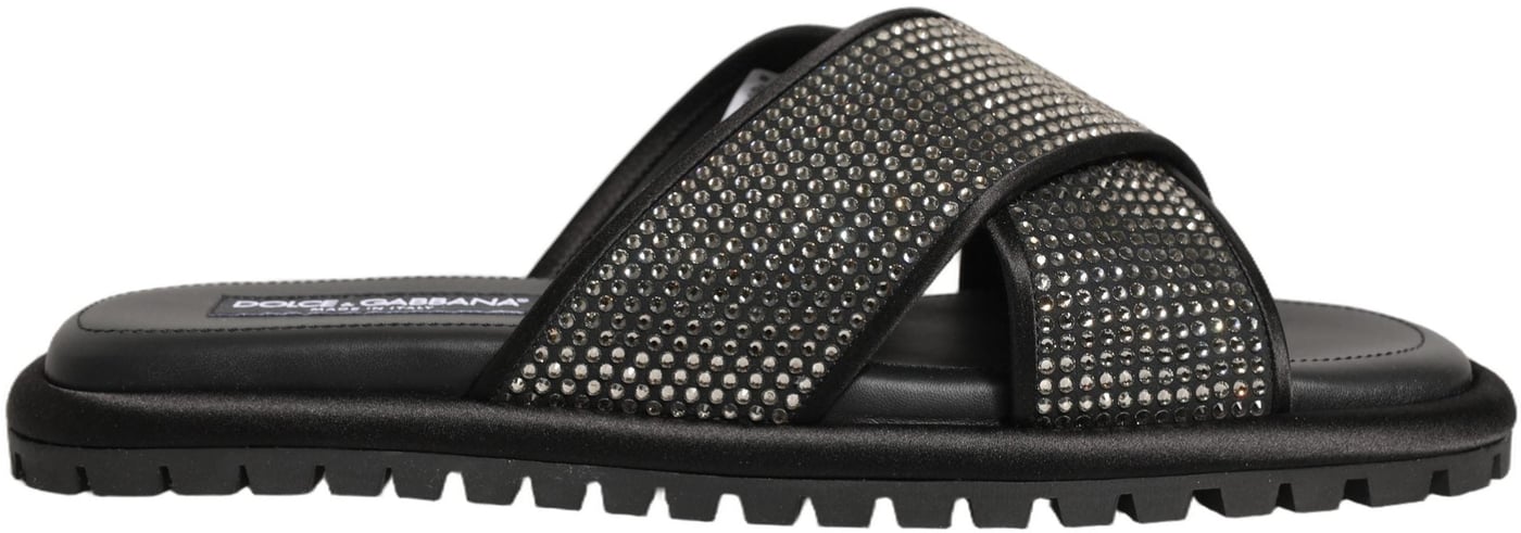 Dolce & Gabbana Black Strass Criss Cross Slide Sandals Shoes