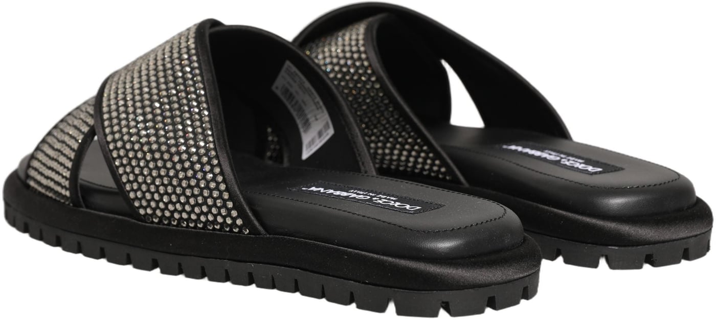 Dolce & Gabbana Black Strass Criss Cross Slide Sandals Shoes