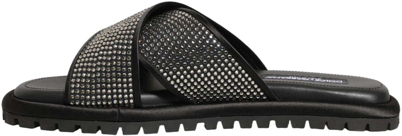 Dolce & Gabbana Black Strass Criss Cross Slide Sandals Shoes