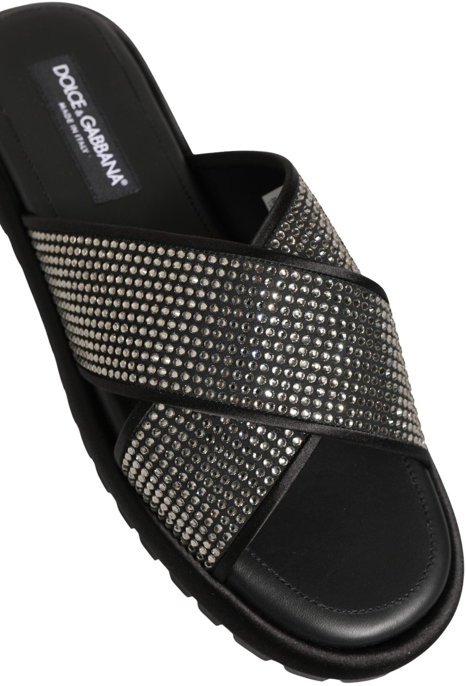 Dolce & Gabbana Black Strass Criss Cross Slide Sandals Shoes