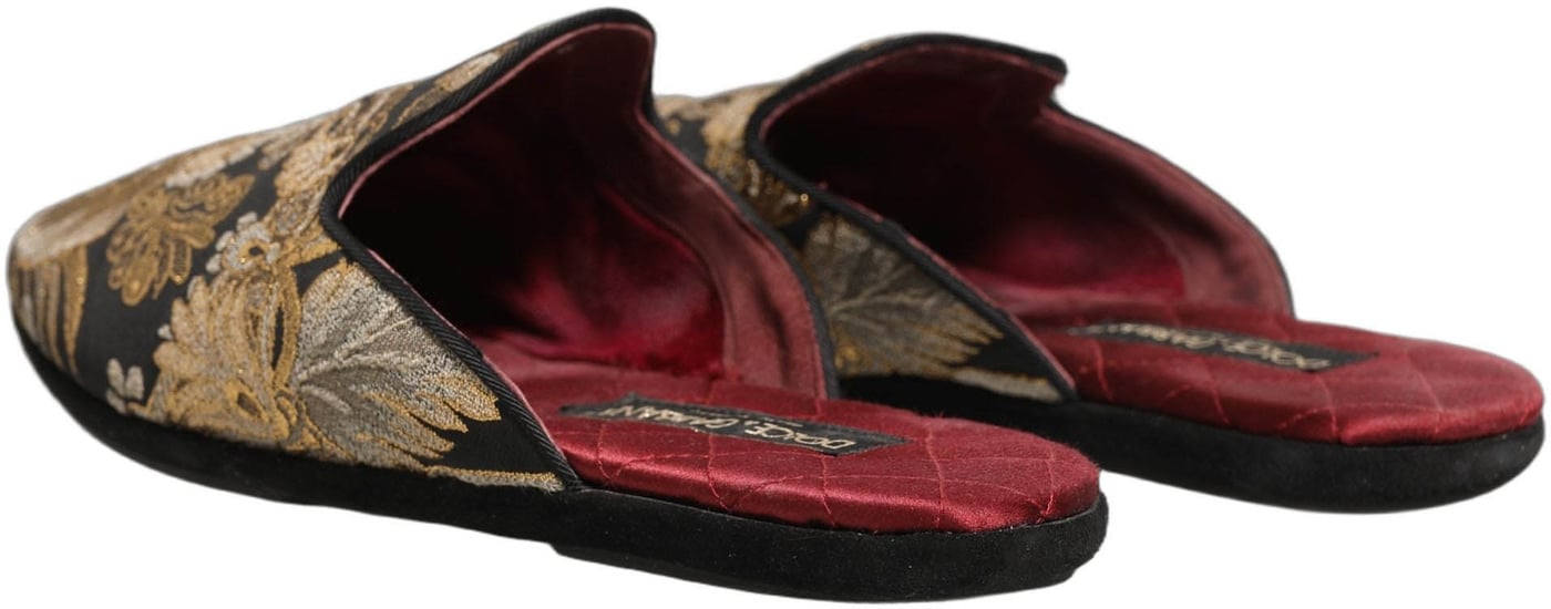 Dolce & Gabbana Black Floral Jacquard Flats Sandals Men Shoes