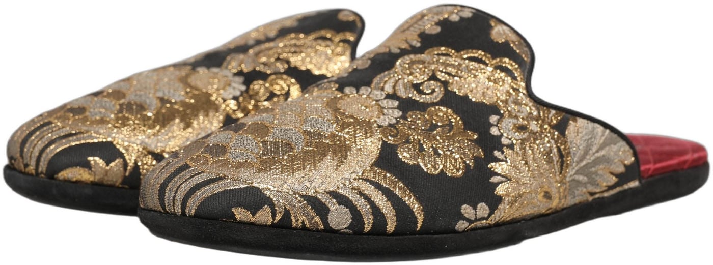 Dolce & Gabbana Black Floral Jacquard Flats Sandals Men Shoes