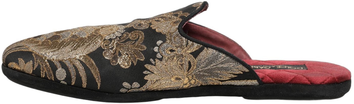 Dolce & Gabbana Black Floral Jacquard Flats Sandals Men Shoes