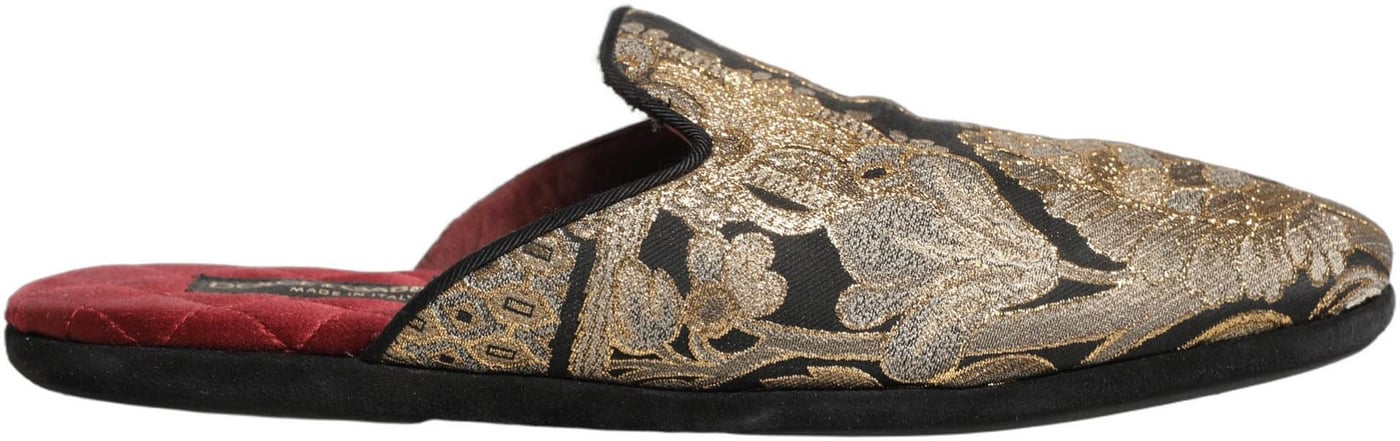 Dolce & Gabbana Black Floral Jacquard Flats Sandals Men Shoes