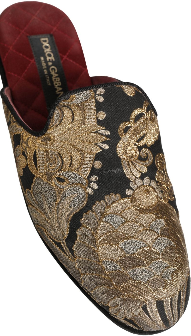 Dolce & Gabbana Black Floral Jacquard Flats Sandals Men Shoes