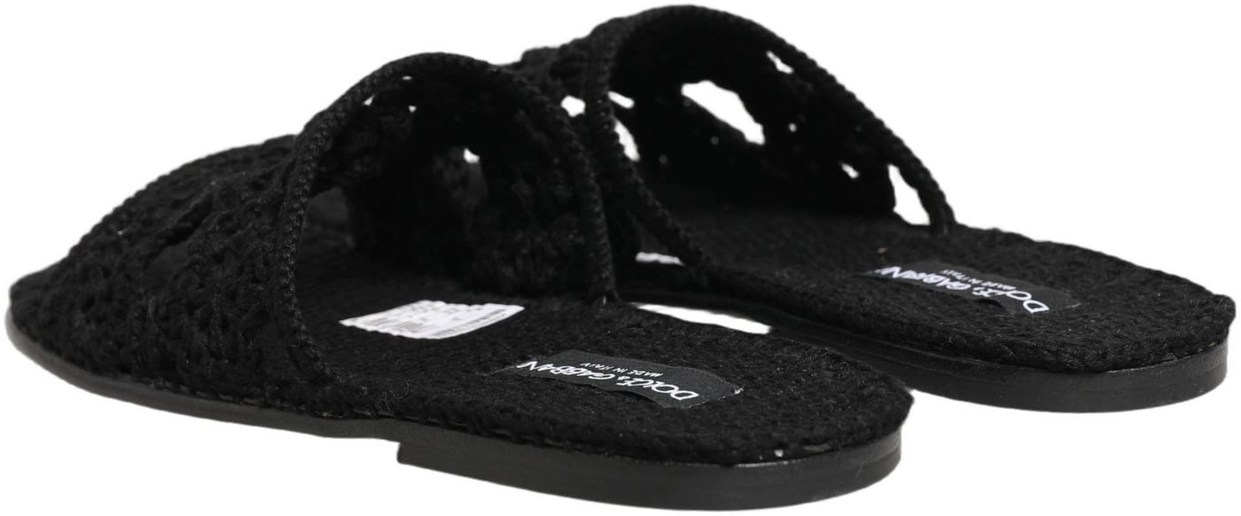 Dolce & Gabbana Black Fabric Woven Slides Sandals Flats Shoes