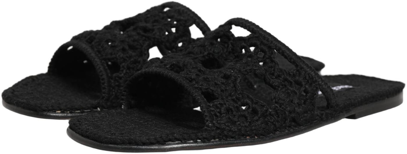 Dolce & Gabbana Black Fabric Woven Slides Sandals Flats Shoes