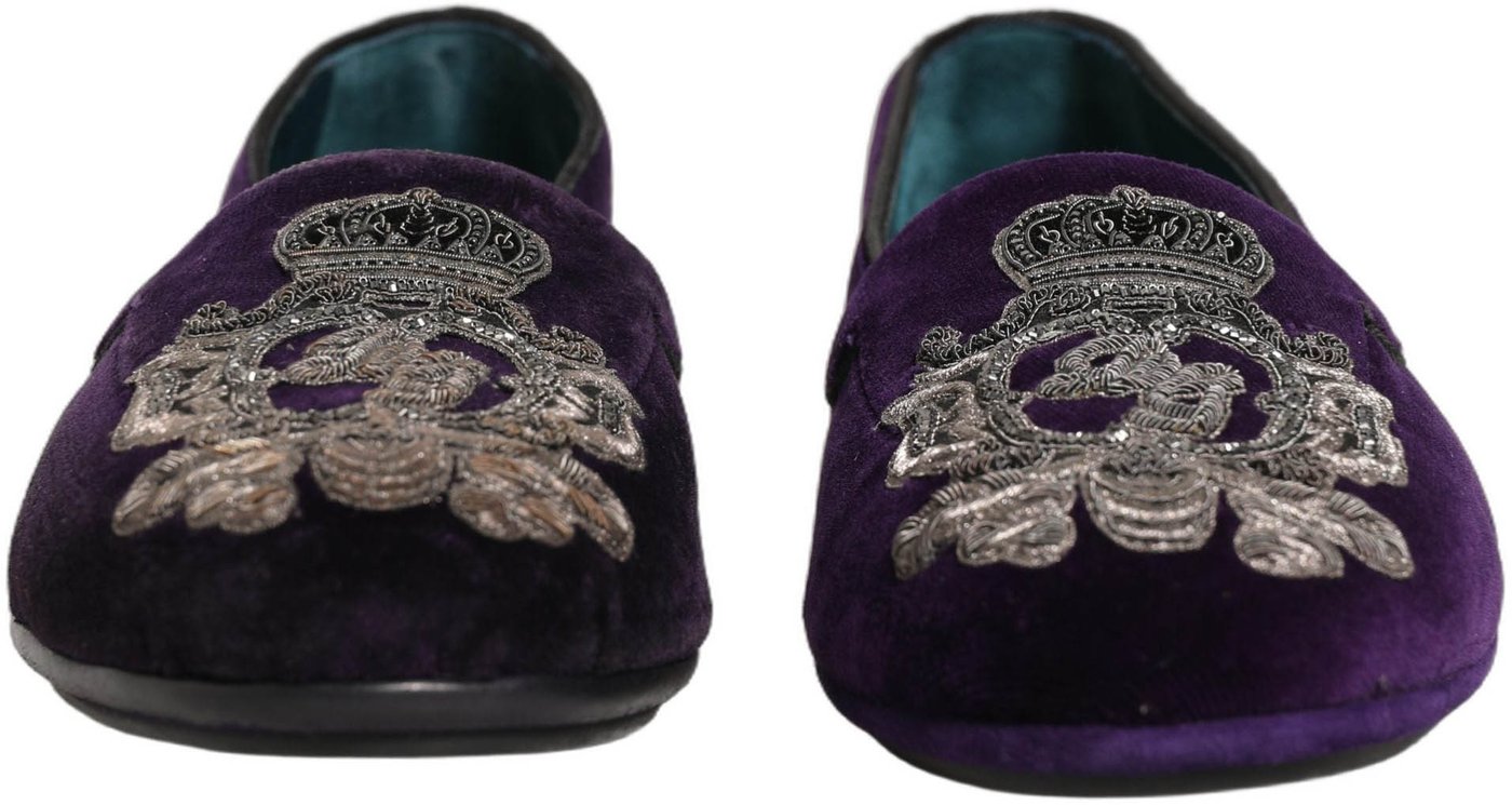 Dolce & Gabbana Purple Velvet Crown Embroidery Loafers Shoes