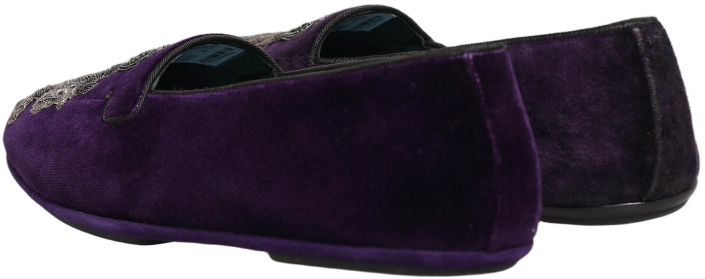 Dolce & Gabbana Purple Velvet Crown Embroidery Loafers Shoes