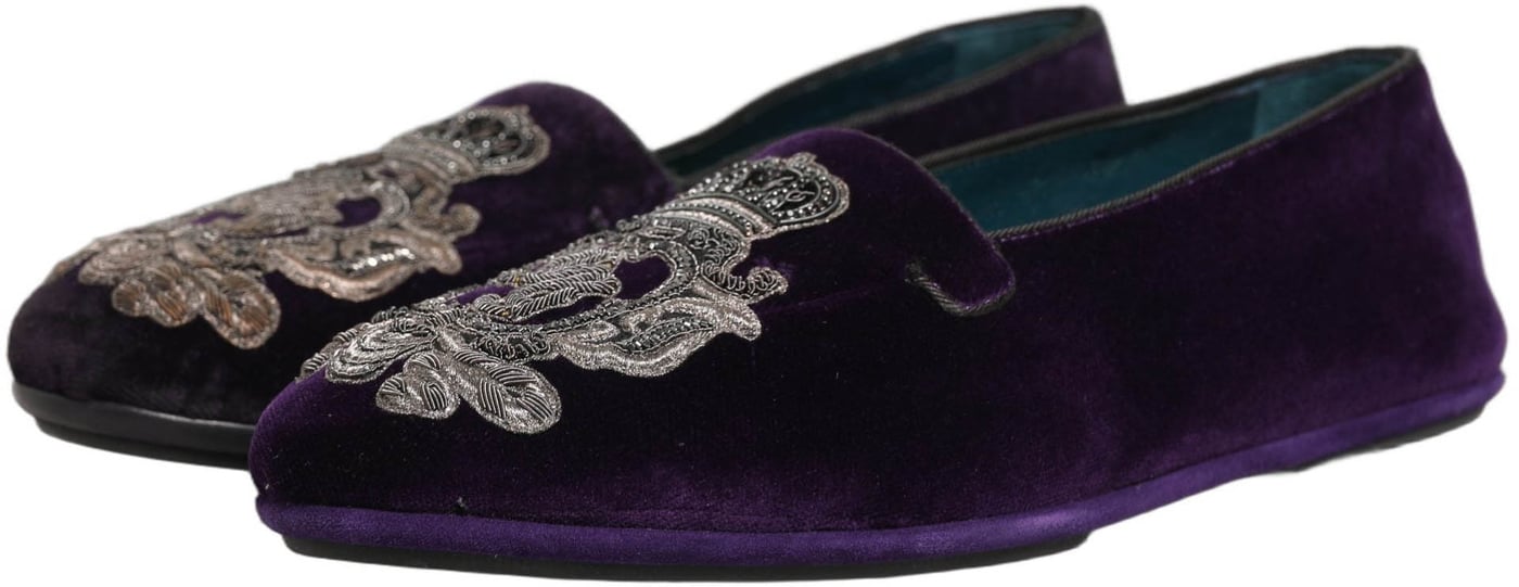Dolce & Gabbana Purple Velvet Crown Embroidery Loafers Shoes