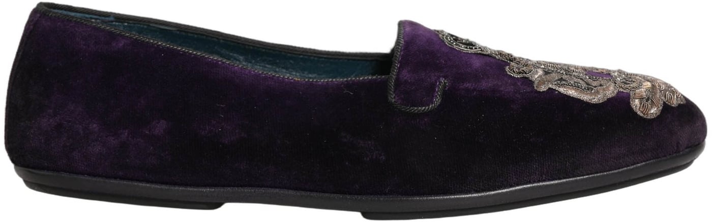 Dolce & Gabbana Purple Velvet Crown Embroidery Loafers Shoes