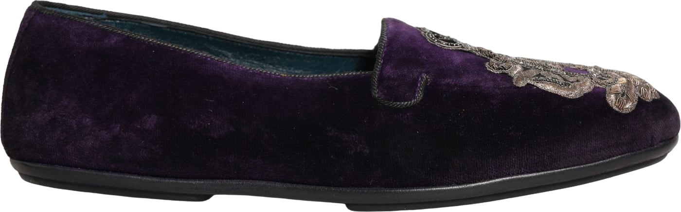 Dolce & Gabbana Purple Velvet Crown Embroidery Loafers Shoes