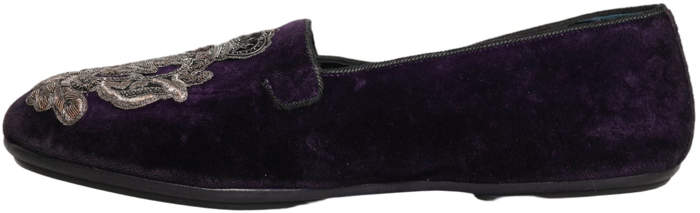 Dolce & Gabbana Purple Velvet Crown Embroidery Loafers Shoes