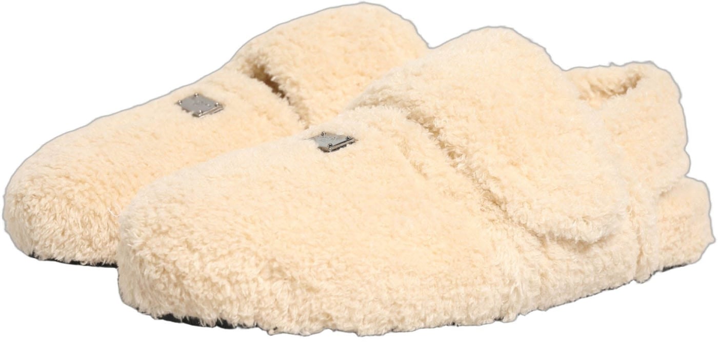 Dolce & Gabbana Beige Faux Fur Flats Men Slides Sandals Shoes