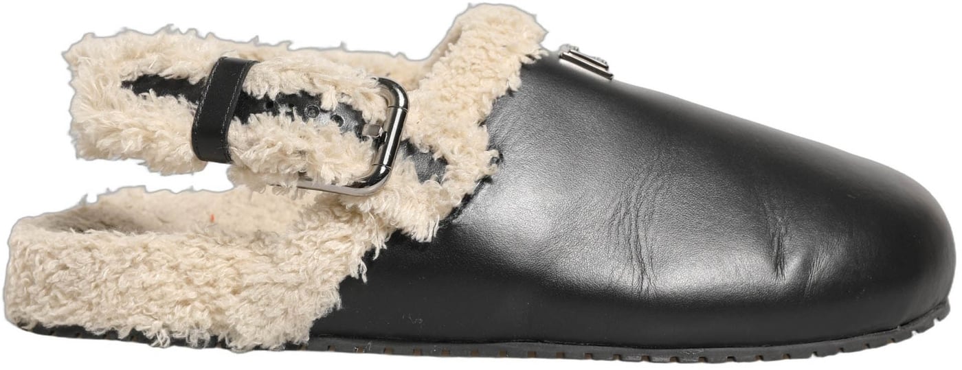 Dolce & Gabbana Beige Black Fur Shearling Slides Sandals Shoes