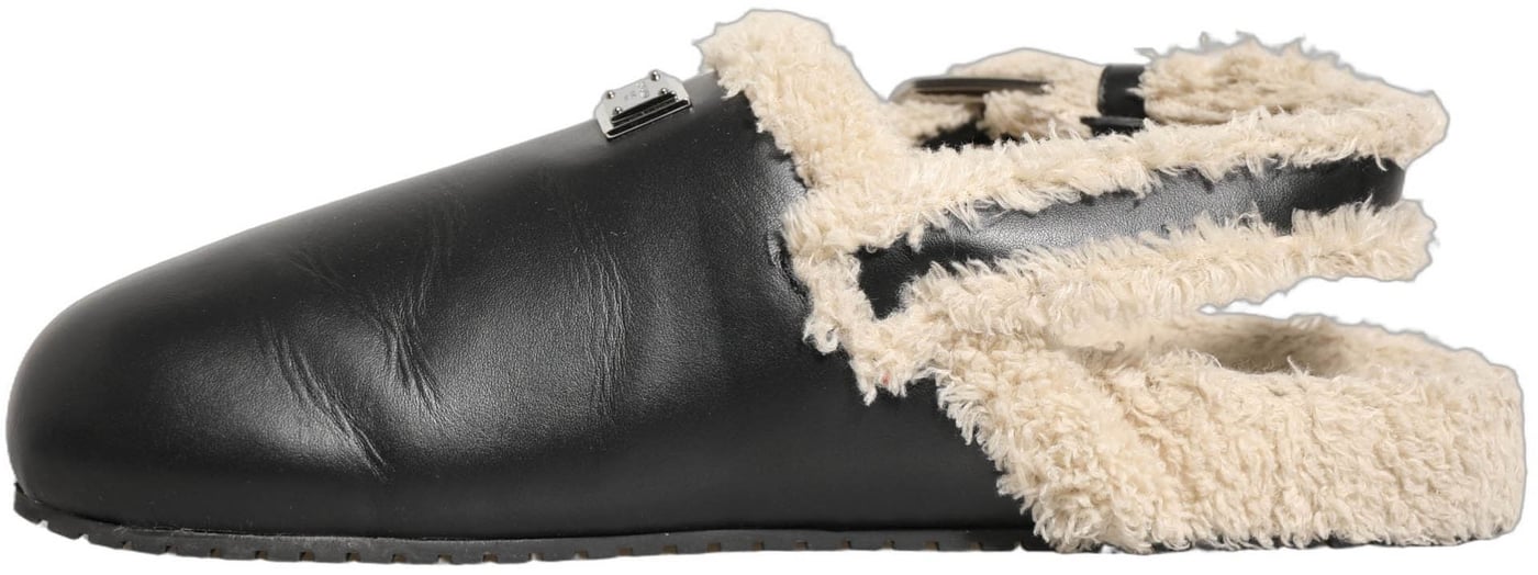 Dolce & Gabbana Beige Black Fur Shearling Slides Sandals Shoes