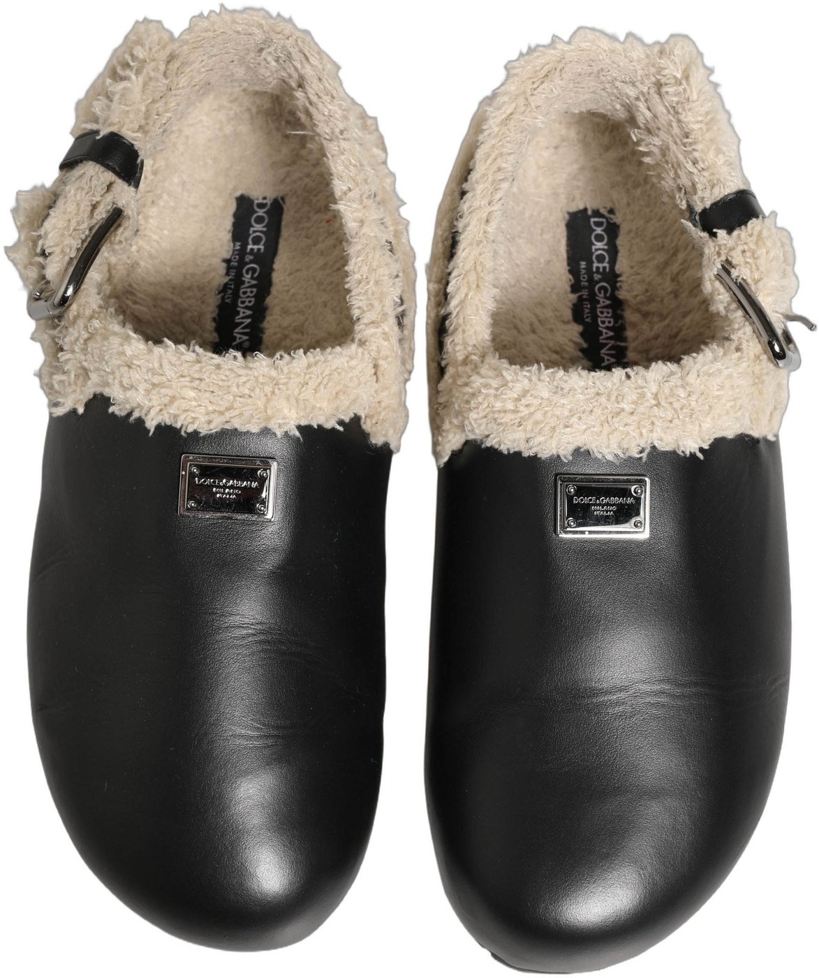 Dolce & Gabbana Beige Black Fur Shearling Slides Sandals Shoes