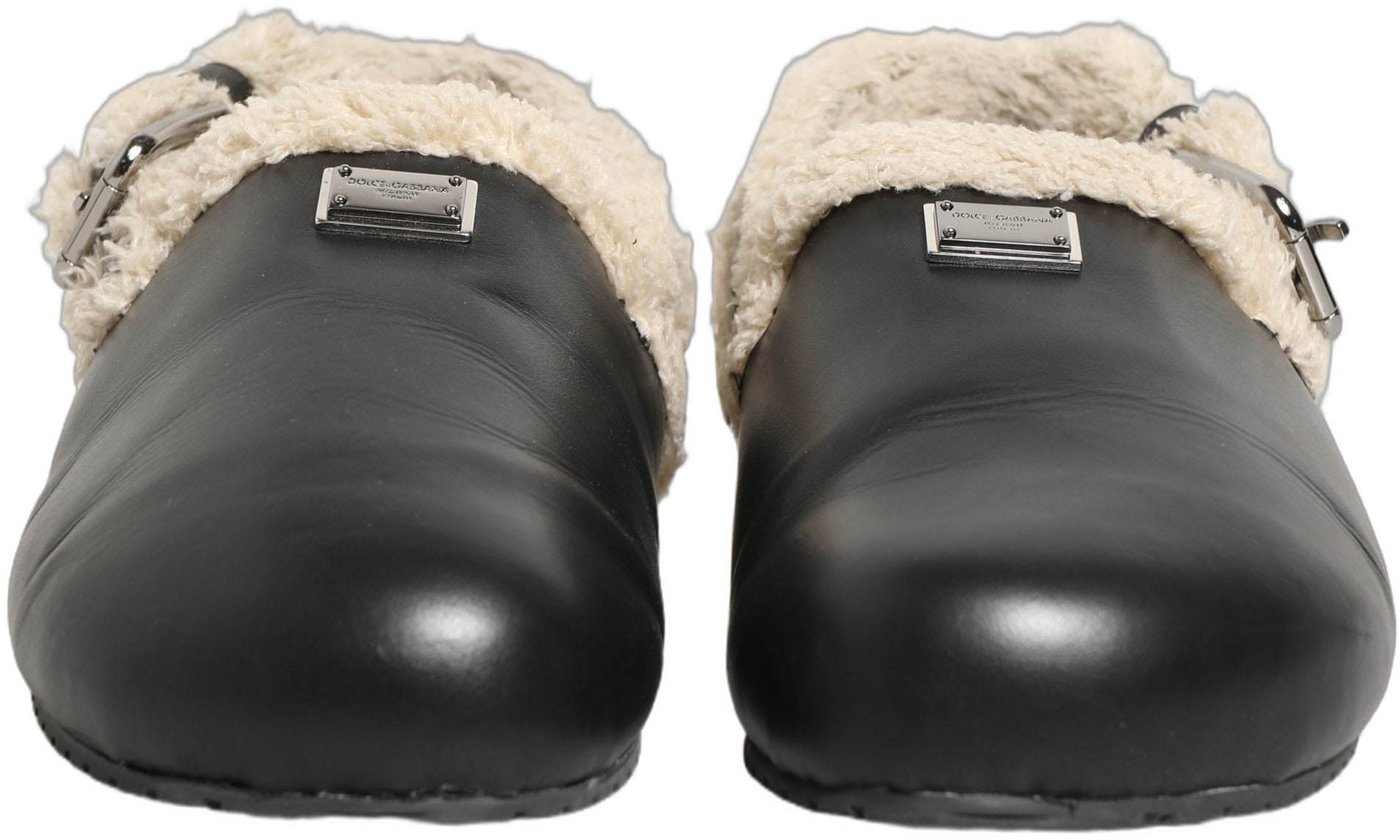 Dolce & Gabbana Beige Black Fur Shearling Slides Sandals Shoes