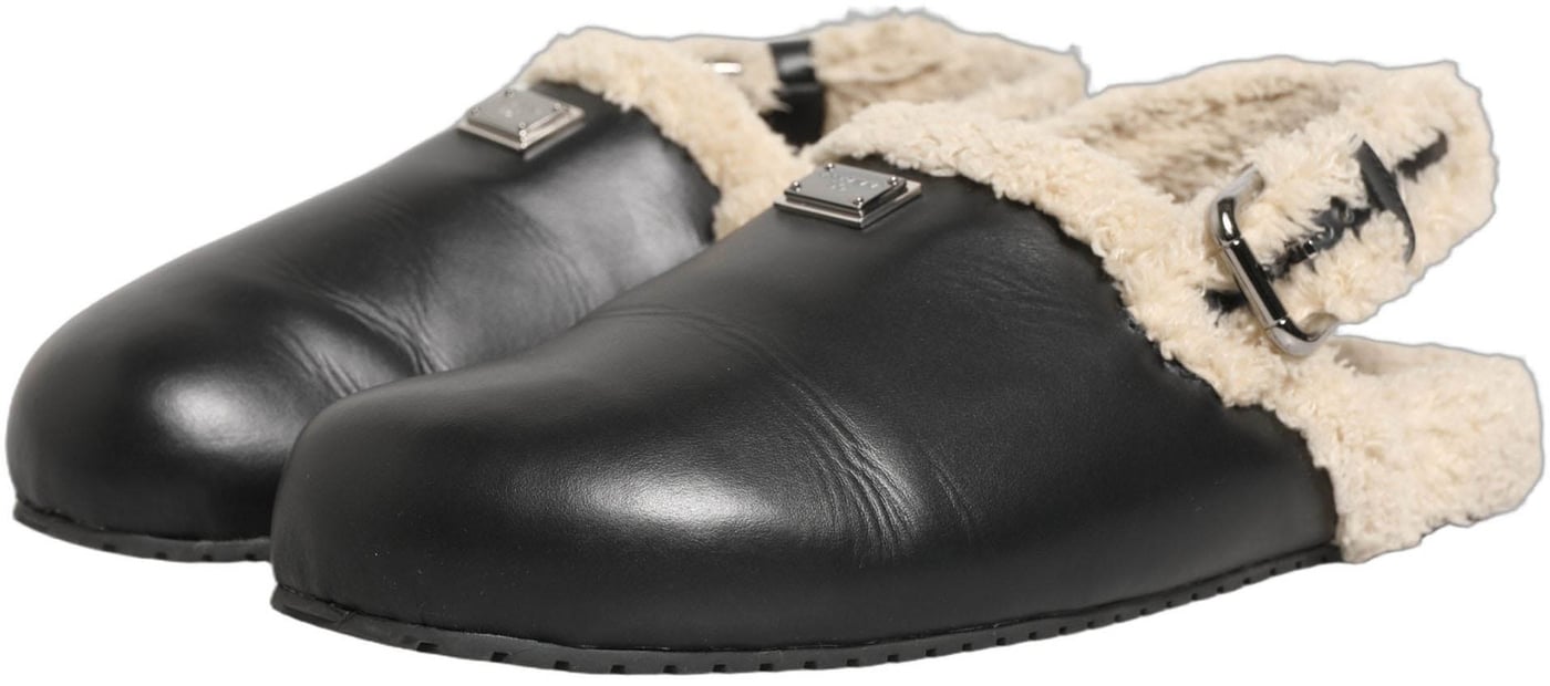 Dolce & Gabbana Beige Black Fur Shearling Slides Sandals Shoes