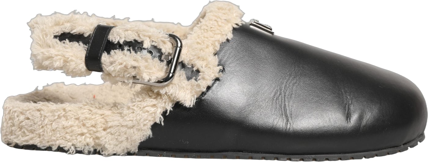 Dolce & Gabbana Beige Black Fur Shearling Slides Sandals Shoes