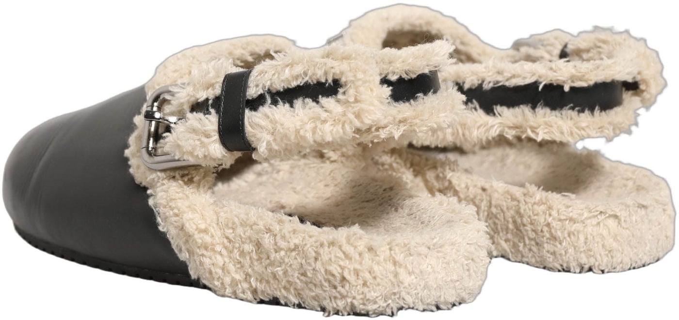 Dolce & Gabbana Beige Black Fur Shearling Slides Sandals Shoes