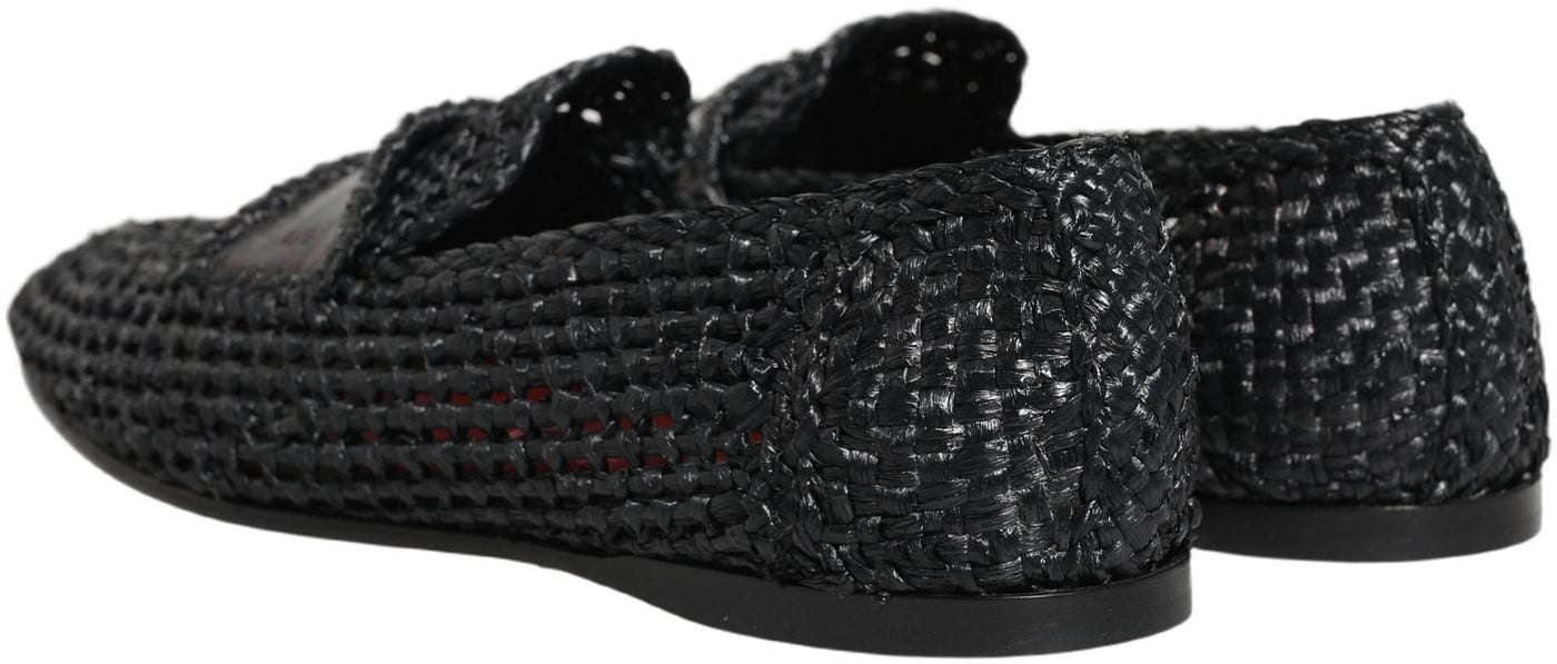 Dolce & Gabbana Black Woven Raffia Slip On Loafers Shoes