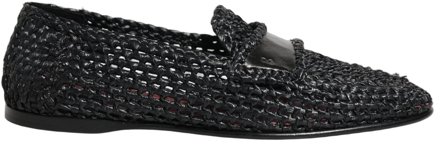 Dolce & Gabbana Black Woven Raffia Slip On Loafers Shoes