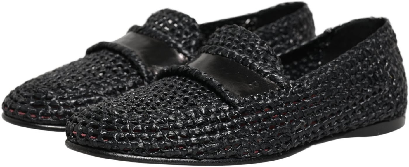 Dolce & Gabbana Black Woven Raffia Slip On Loafers Shoes