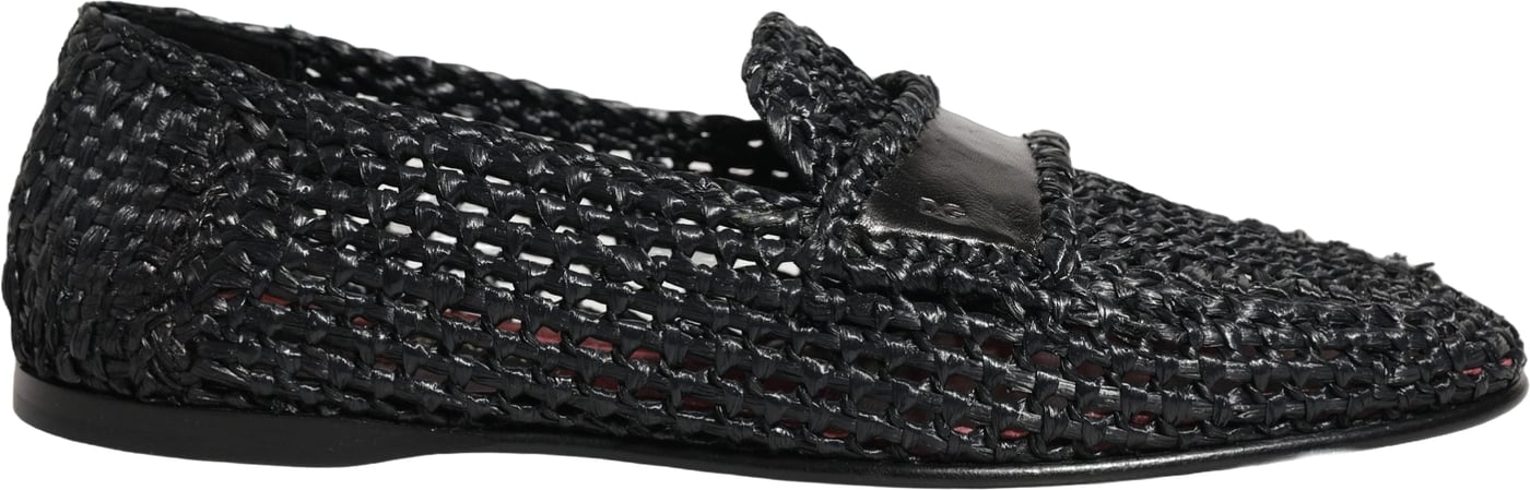 Dolce & Gabbana Black Woven Raffia Slip On Loafers Shoes