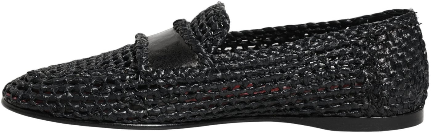 Dolce & Gabbana Black Woven Raffia Slip On Loafers Shoes