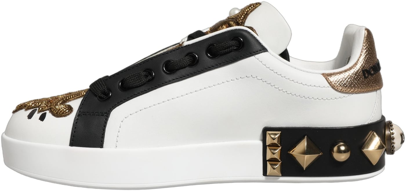 Dolce & Gabbana White Gold Studded Portofino Sneakers Shoes