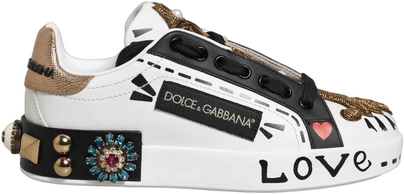 Dolce & Gabbana White Gold Studded Portofino Sneakers Shoes