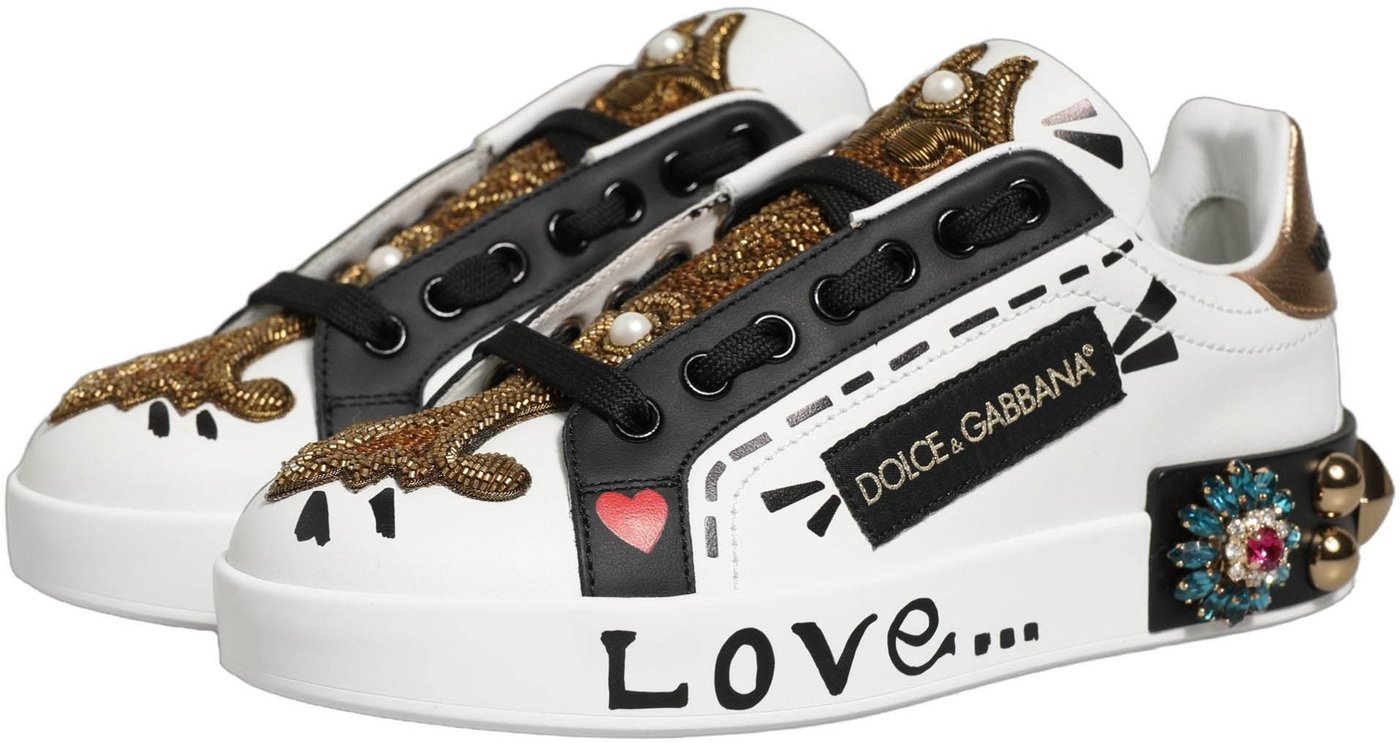 Dolce & Gabbana White Gold Studded Portofino Sneakers Shoes