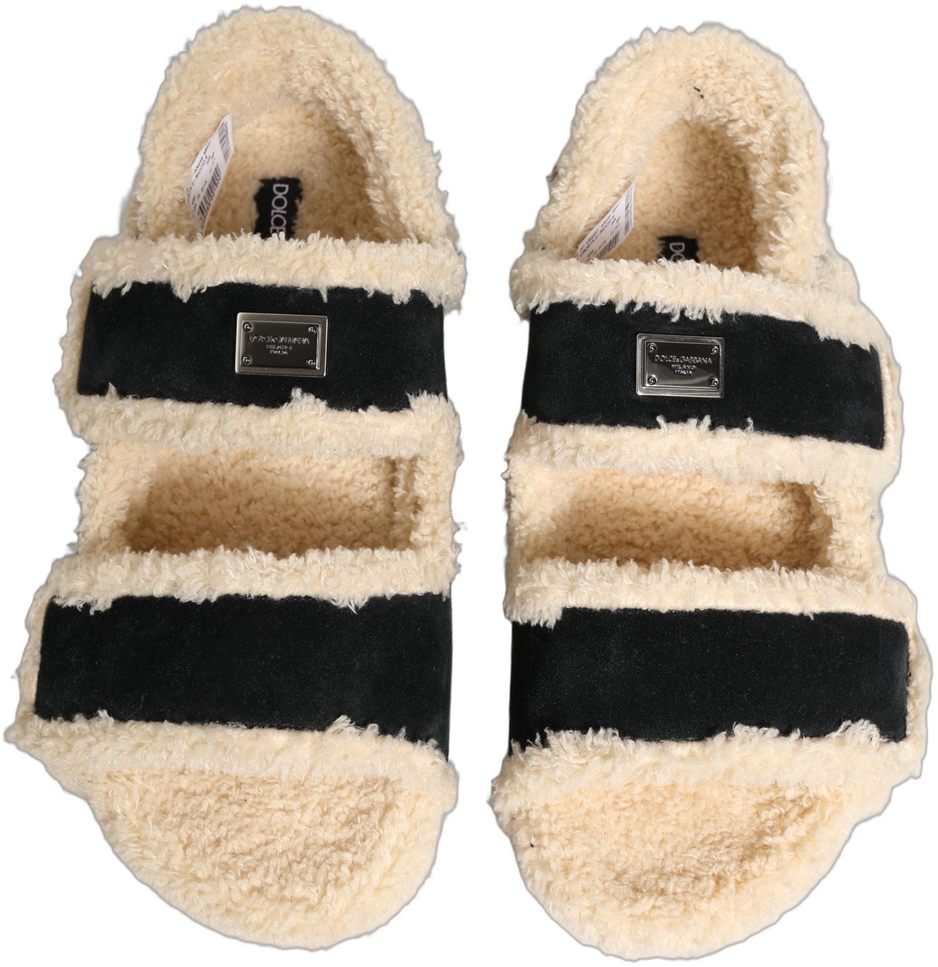 Dolce & Gabbana Beige Black Faux Fur Flats Men Sandals Shoes