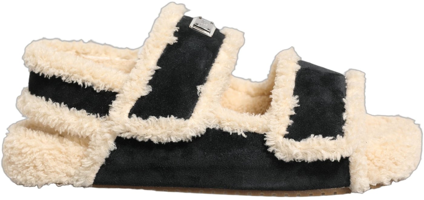 Dolce & Gabbana Beige Black Faux Fur Flats Men Sandals Shoes