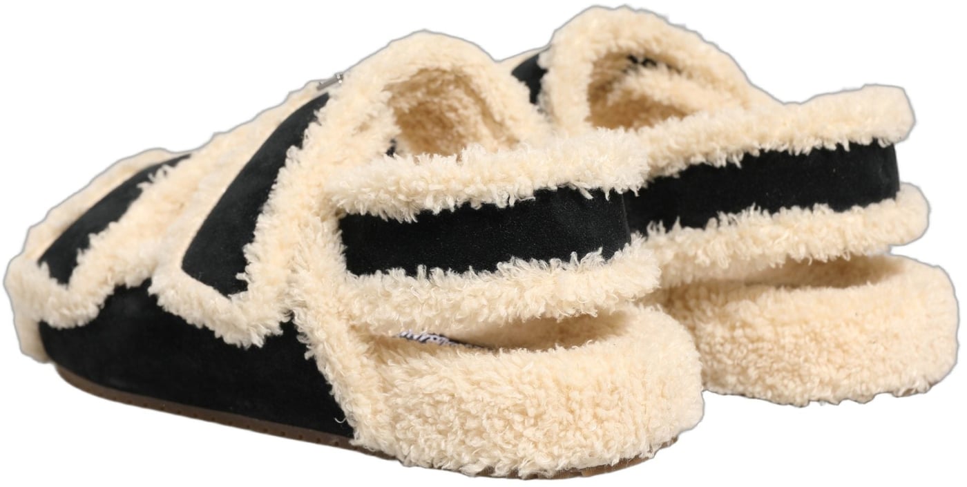 Dolce & Gabbana Beige Black Faux Fur Flats Men Sandals Shoes