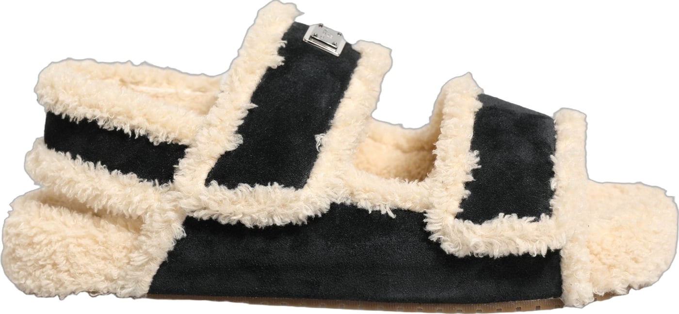 Dolce & Gabbana Beige Black Faux Fur Flats Men Sandals Shoes