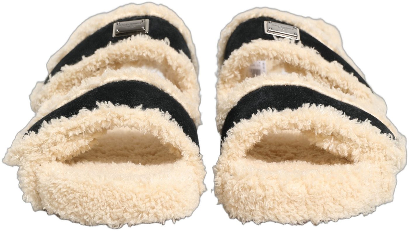 Dolce & Gabbana Beige Black Faux Fur Flats Men Sandals Shoes