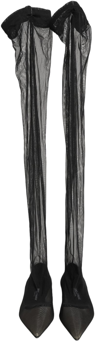Dolce & Gabbana Black Over The Knee Tulle Flats Boots Shoes