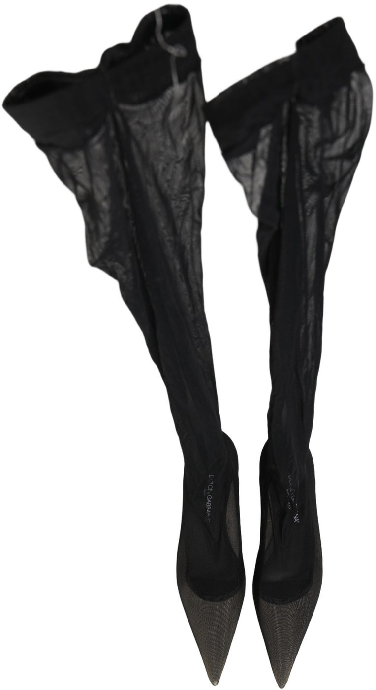 Dolce & Gabbana Black Over The Knee Tulle Flats Boots Shoes
