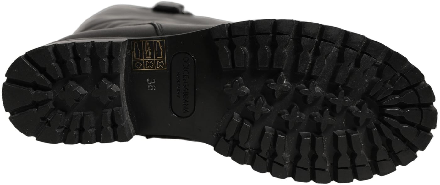 Dolce & Gabbana Black Leather Buckle Detail Mid Calf Boots Shoes