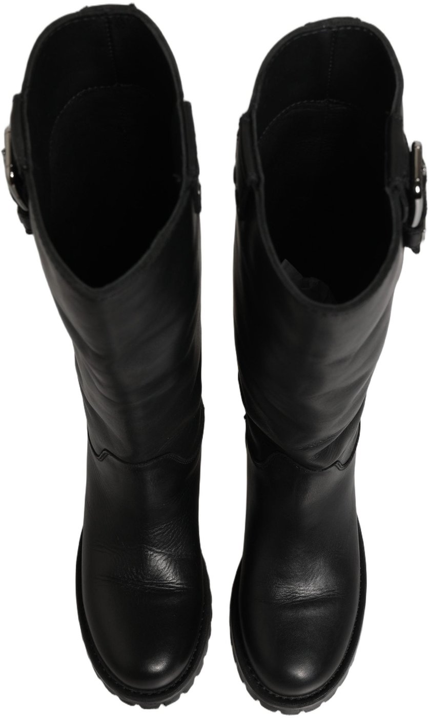 Dolce & Gabbana Black Leather Buckle Detail Mid Calf Boots Shoes