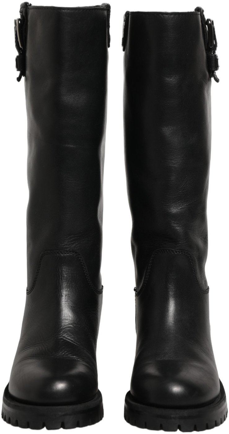 Dolce & Gabbana Black Leather Buckle Detail Mid Calf Boots Shoes